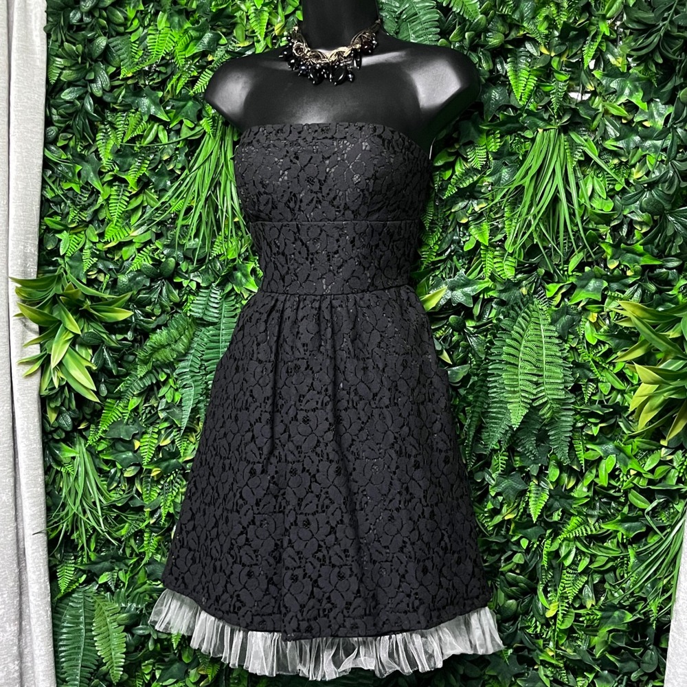 Y2K Alyn Paige Dress Size 3/4 Black Floral Lace Strapless Tulle Hem 3721